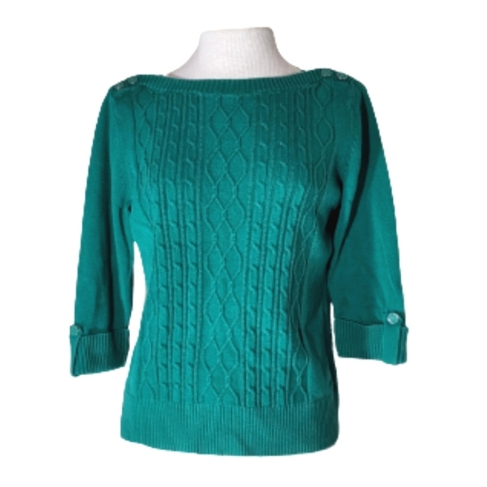 Vintage Karen Scott Cable Knit Sweater Green Size L Buttoned Shoulders